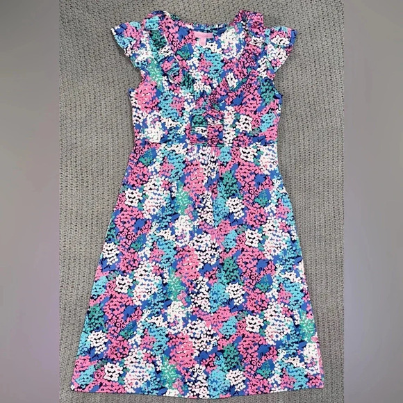 Lilly Pulitzer Dresses & Skirts - Lilly Pulitzer Womens Floral Dress Size Small Pink Blue Ruffle Short Sleeve Silk